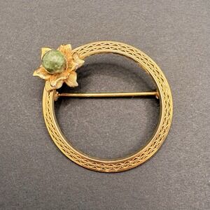 Vintage Wreath Circle‎ Green Stone A&Z 1/20 12KT Gold Filled Brooch 1.25"